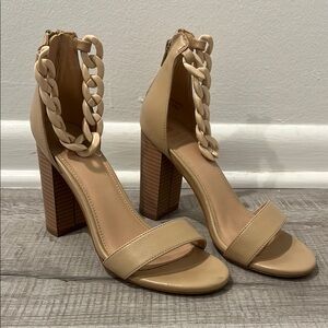 Beige Block Heel Sandals with Chain Detail